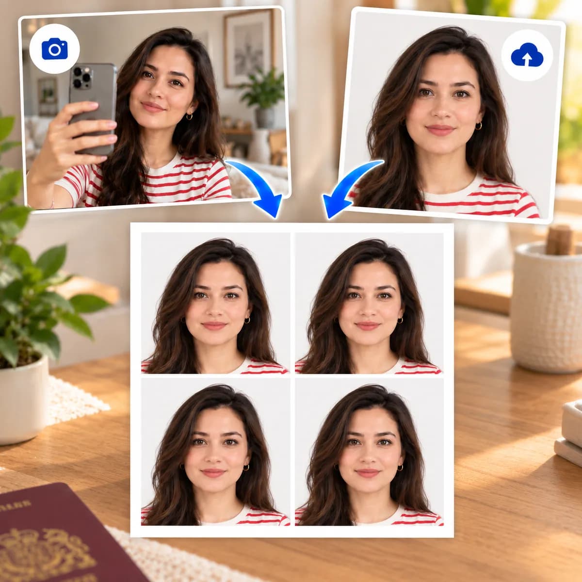 A printed sheet of four passport photos on a desk, with the original selfie and the finished photo above it