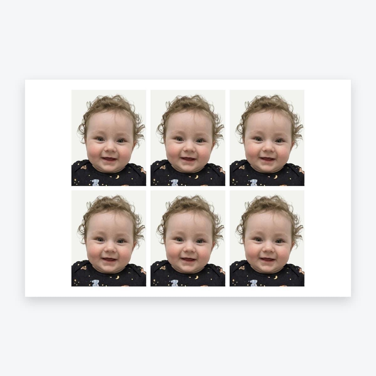 6 personalised UK child passport photo prints on a single 6 × 4 inch sheet of photographic paper