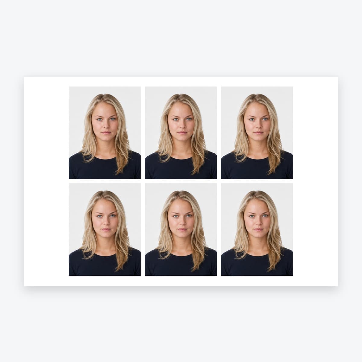 6 personalised UK passport photo prints on a single 6 × 4 inch sheet of photographic paper