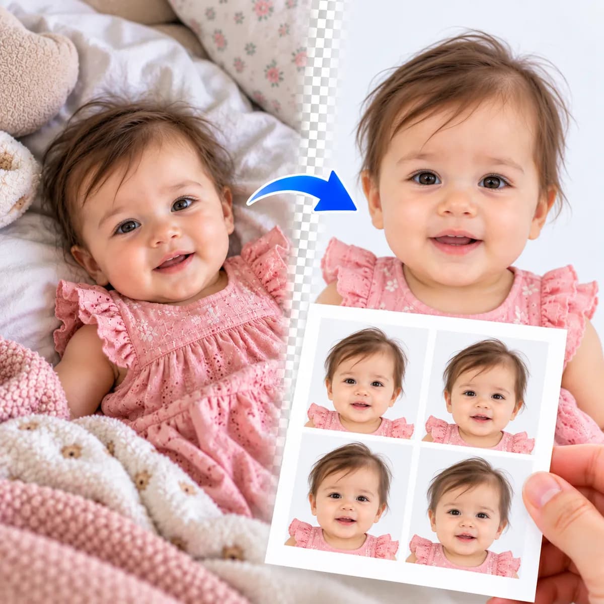 A baby lying on a bed in a pink dress, and the same photo turned into a passport photo on a plain background