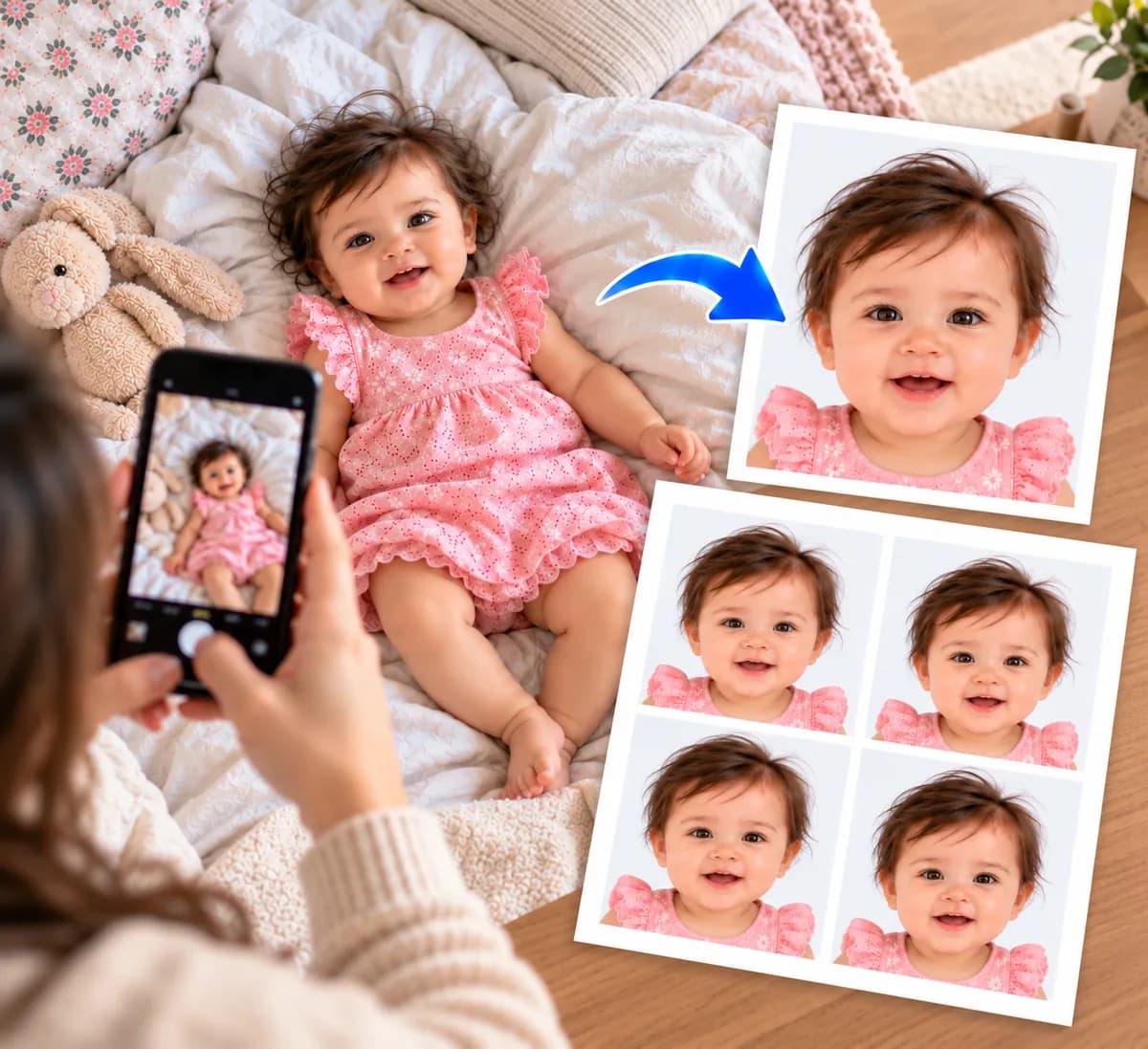 A parent photographing a smiling baby lying on a bed, with the finished passport photo and a printed sheet beside them