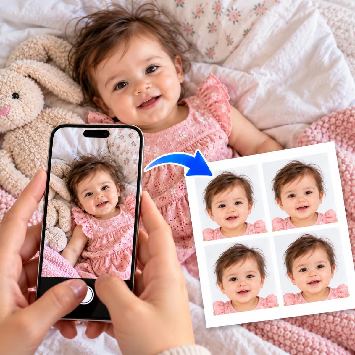 A phone photo of a baby turning into a printed sheet of four passport photos