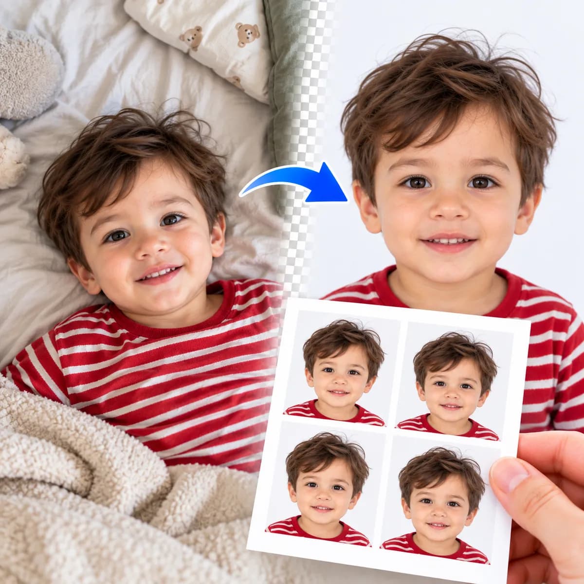A toddler's photo on a bed, then the same photo on a plain light background, with a printed sheet of four