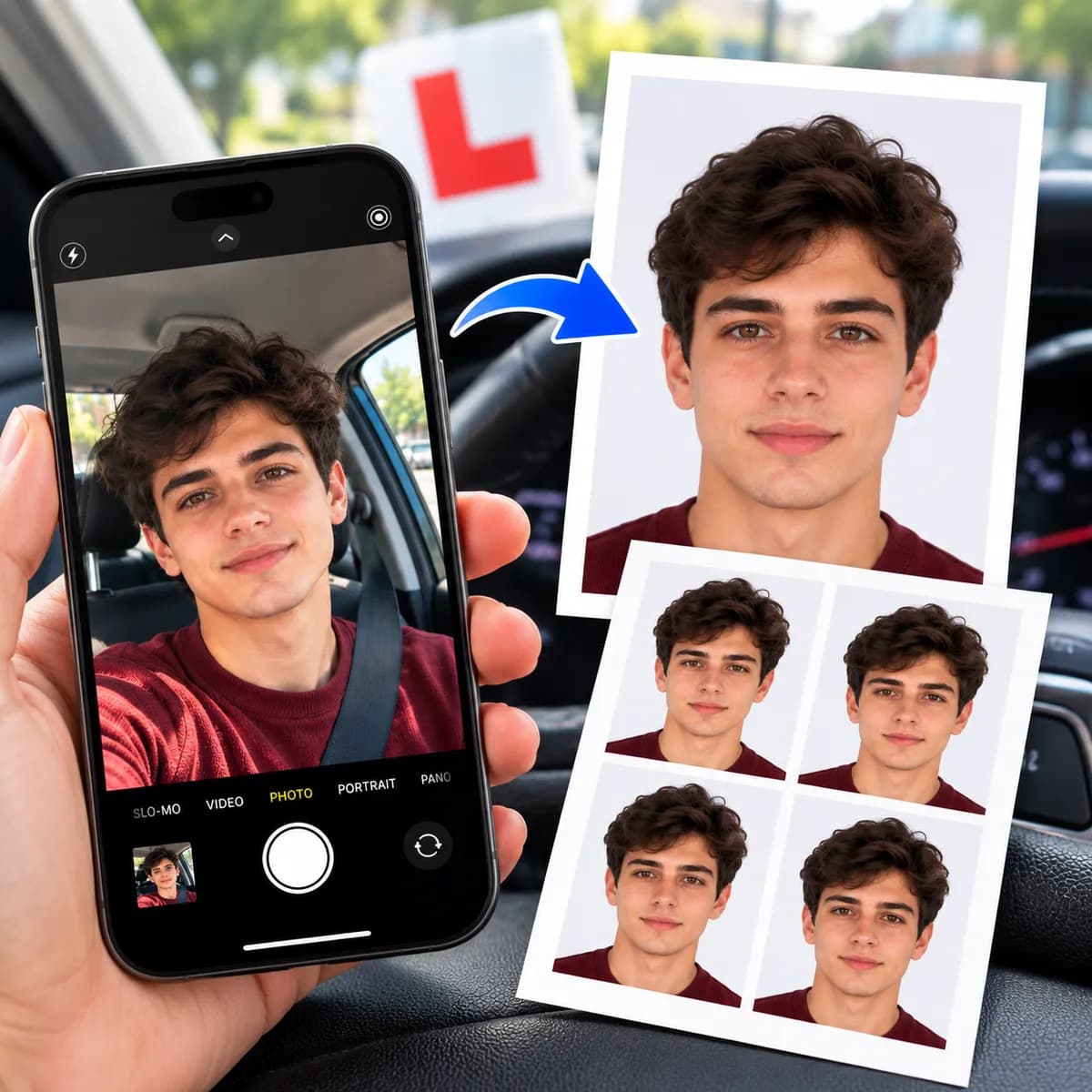 A phone taking a photo of a young man sitting in a car, with the finished licence photo and a printed sheet