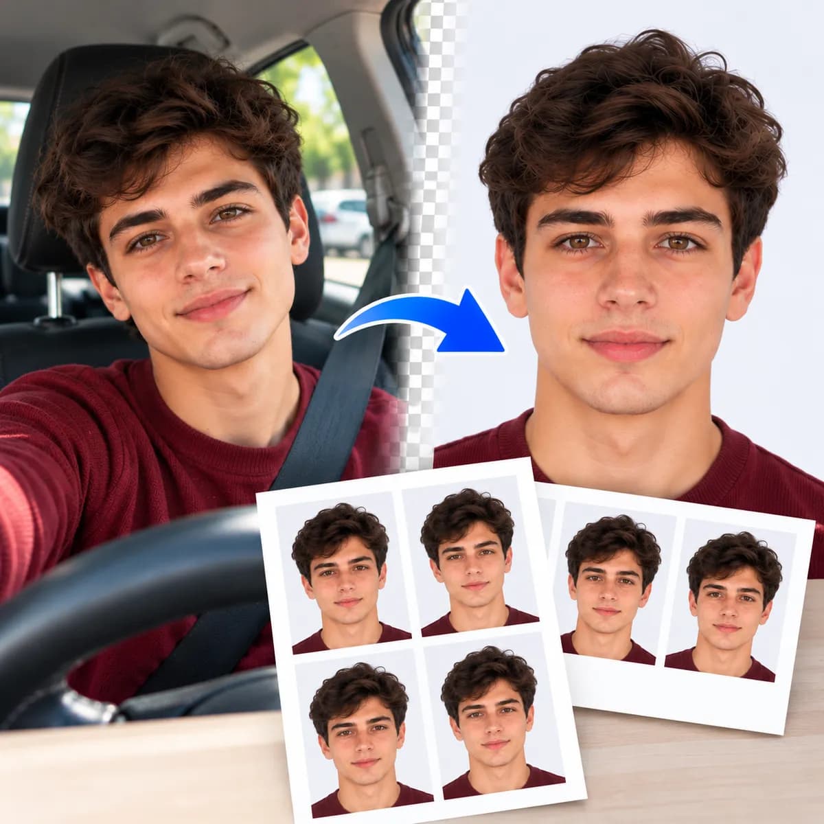 A selfie taken in a car turned into a licence photo on a plain background, with printed sheets of photos