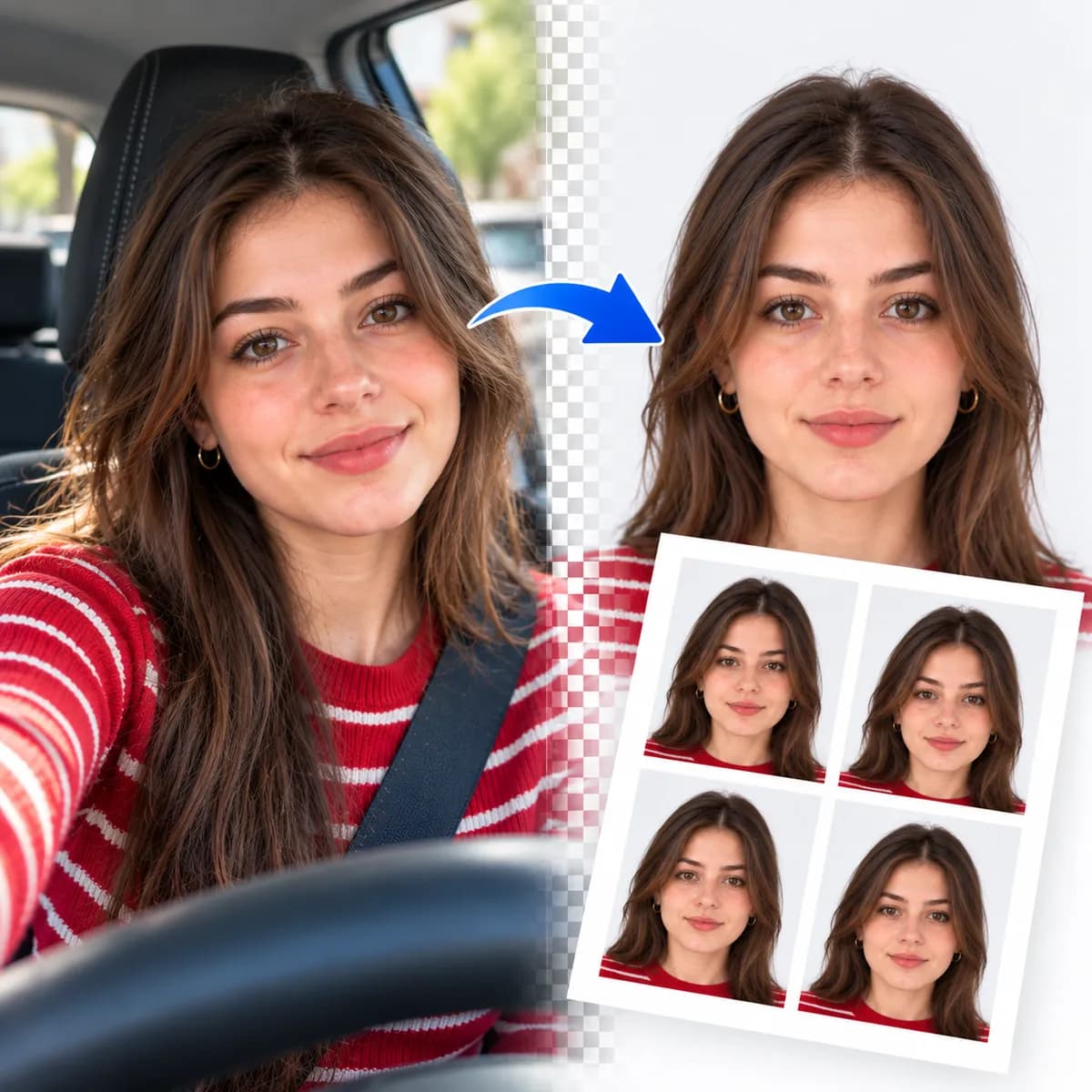 A selfie taken in a car turned into a driving licence photo on a plain background, with a printed sheet