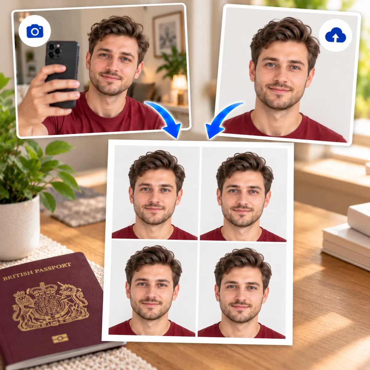 A man's home selfie turned into a printed sheet of four passport photos on a desk