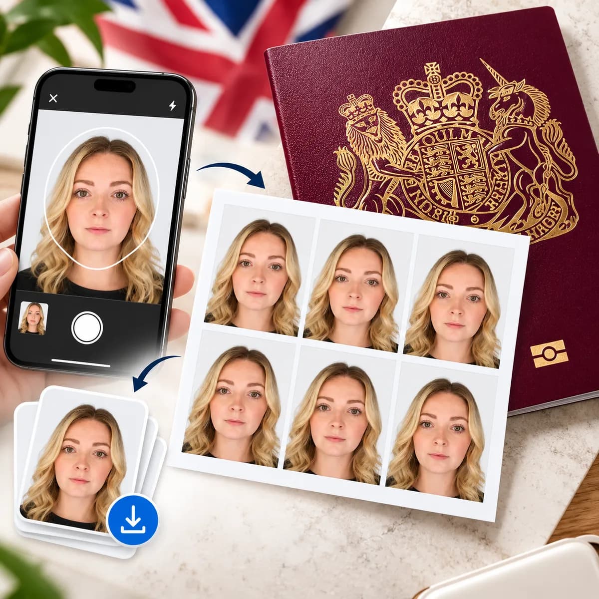 A phone showing a woman's passport photo, beside a printed sheet of six photos and a downloadable copy