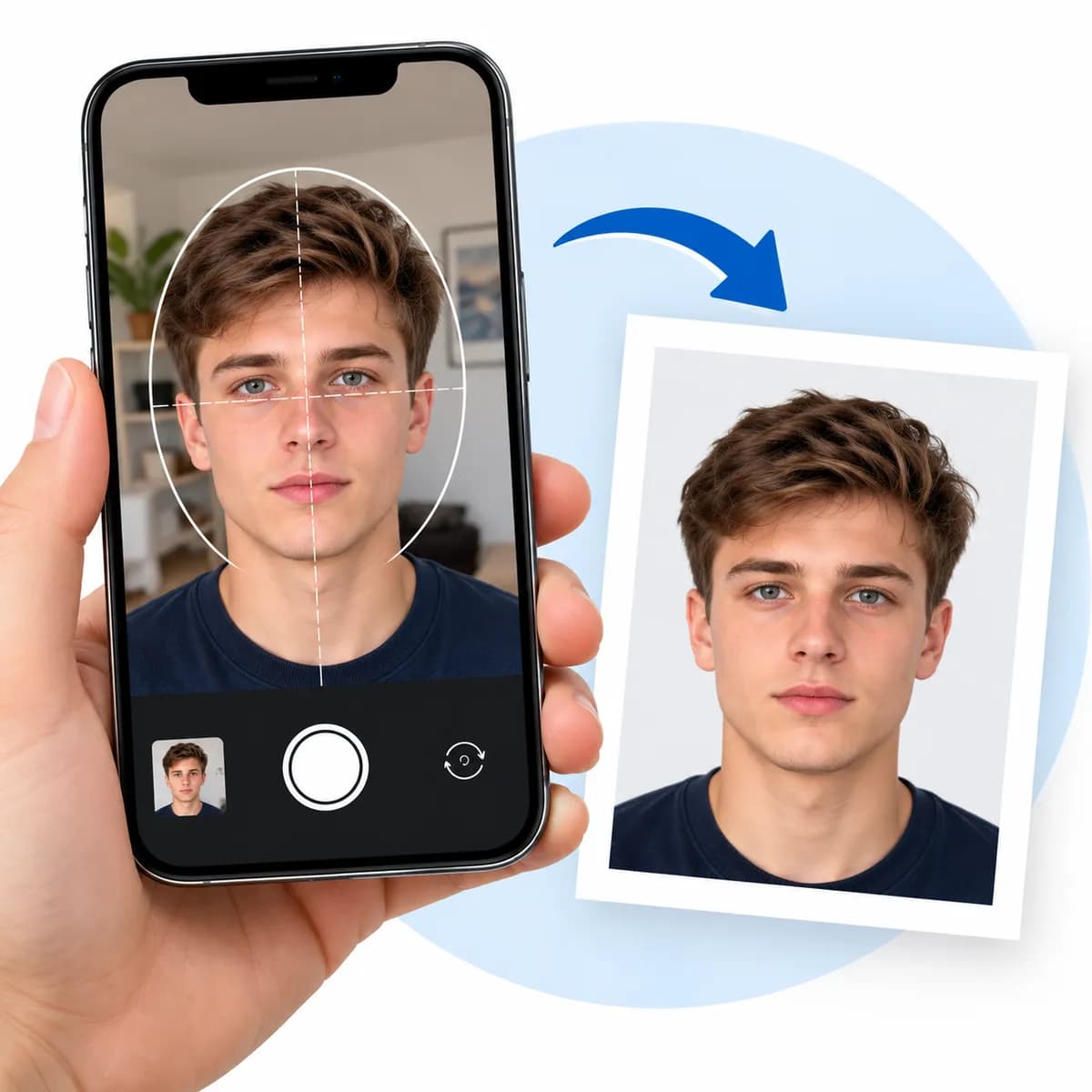 A phone camera framing a man's face, and the finished passport photo beside it