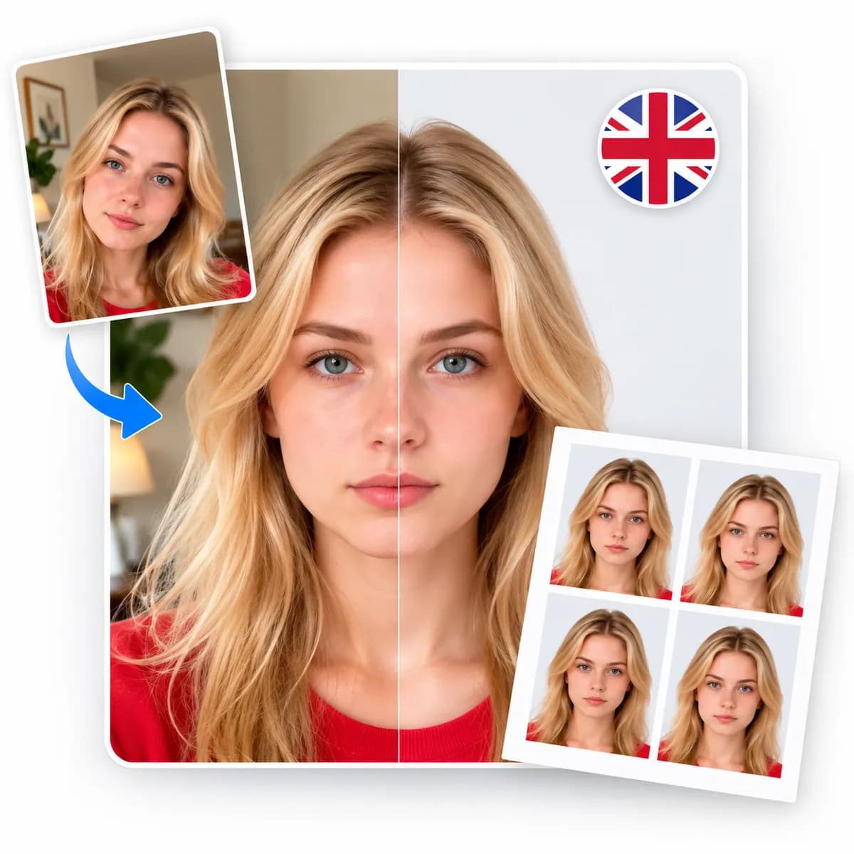 A woman's selfie beside the finished passport photo on a plain background, with a printed sheet of four