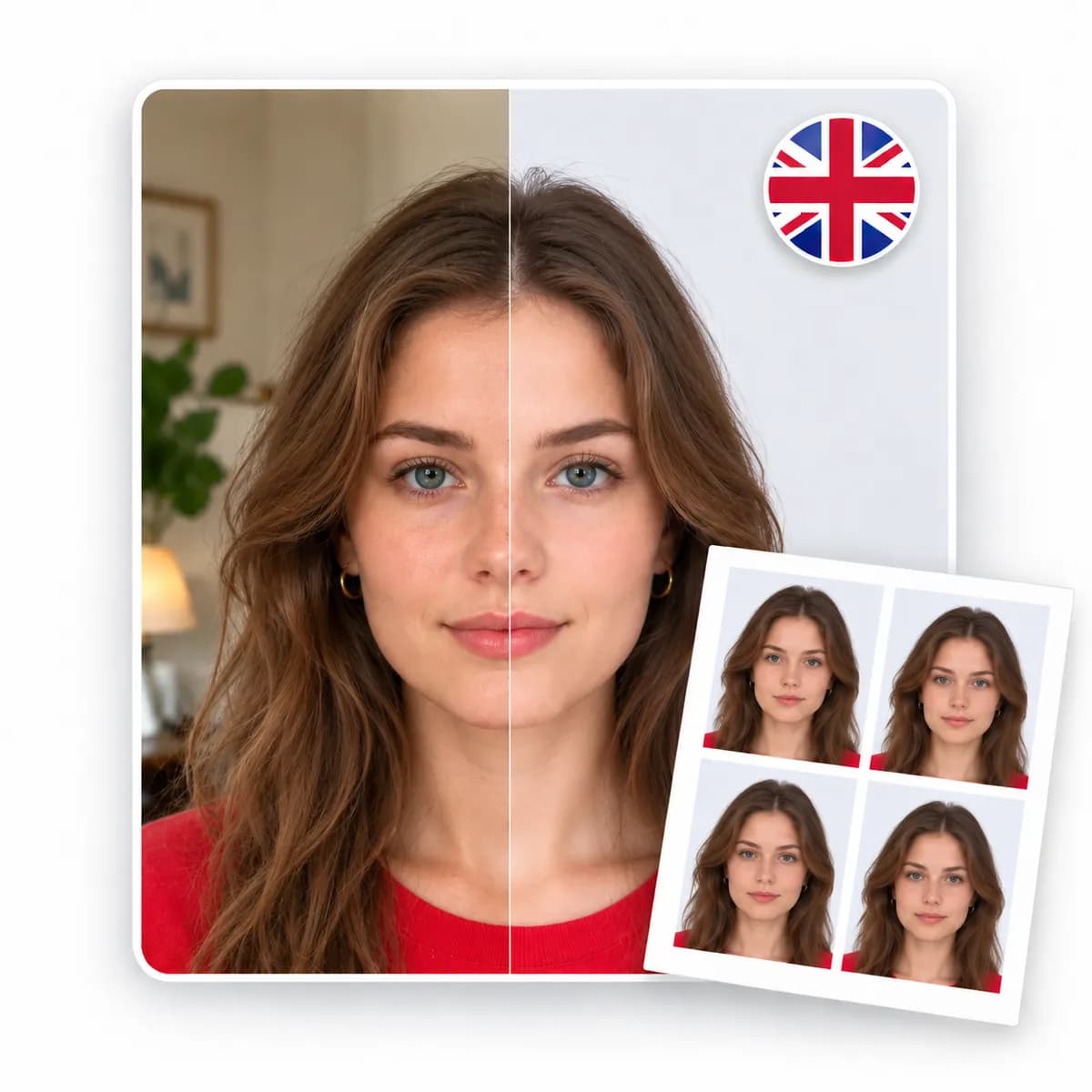 A woman's photo split down the middle: her room on one side, a plain light background on the other, with a printed sheet of four