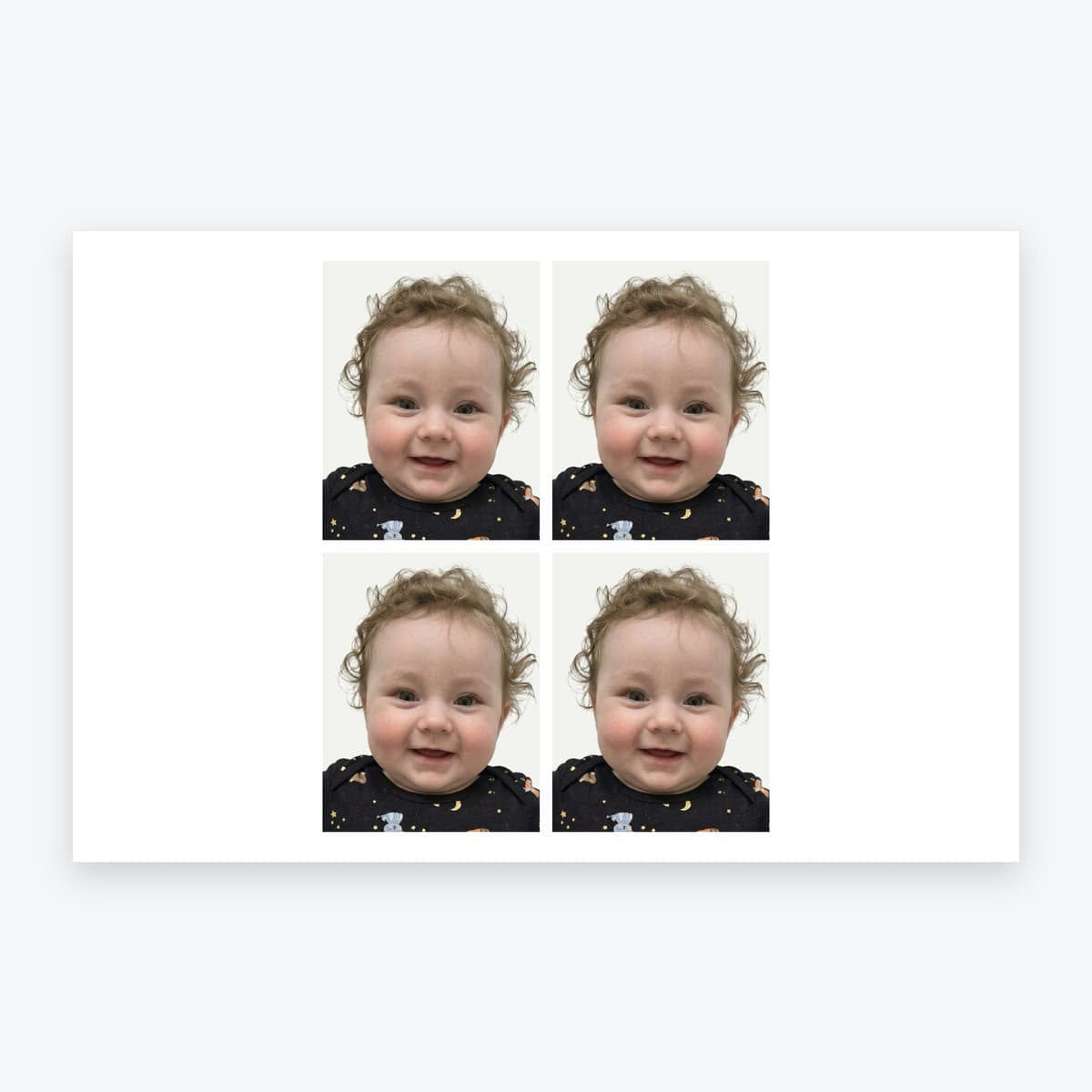 4 personalised UK child passport photo prints on a 6 × 4 inch sheet